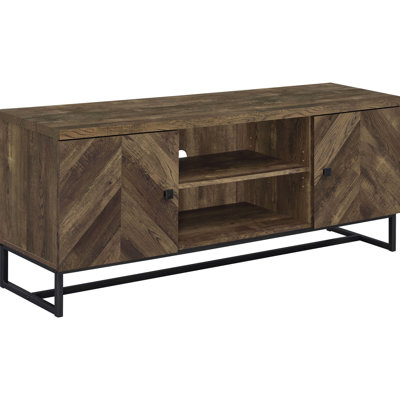 Contemporary Tv Stand In Rustic Oak With Pattern And Sled Trestle For Homes 2-Door Industrial Legs Functional Shelving Living Areas