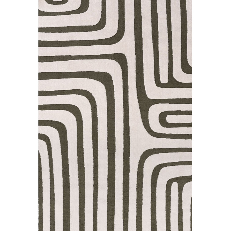 Loft Modern Curved Line Living Room Area Rug and Runner Soft Pile, Green/Ivory, Rectangle 200 x 290 cm