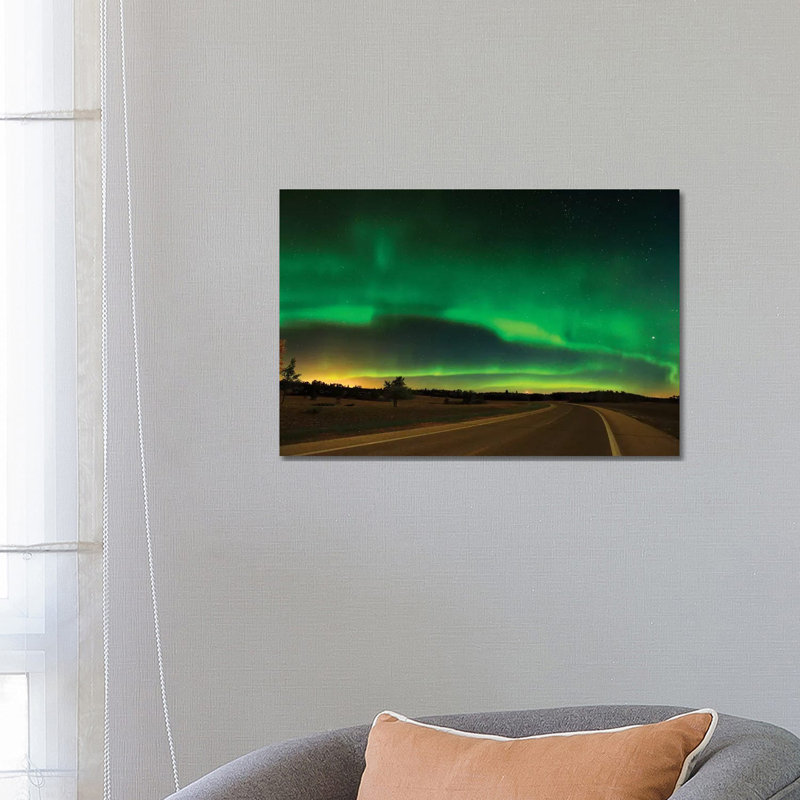 Canada, Manitoba, Birds Hill Provincial Park. Aurora Borealis and Road 1 Piece Wrapped Canvas Wall Art