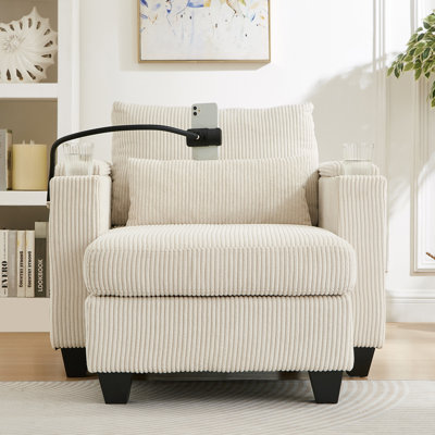 Chaise longue en velours côtelé convertible avec ports USB, deux porte-gobelets, porte-téléphone