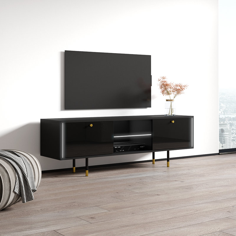 Meuble télé 63 po avec finition ultrabrillante, Noir