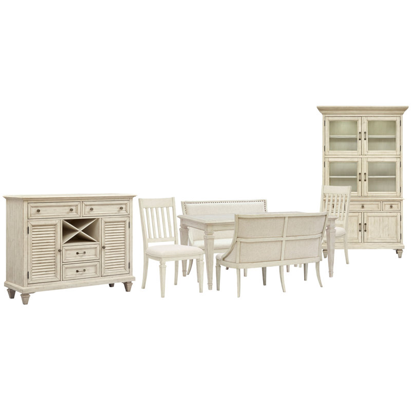 Dariella Extendable Rectangular Dining Table With 2 Upholstered Benches 2 Side Chairs Server And Dining Cabinet