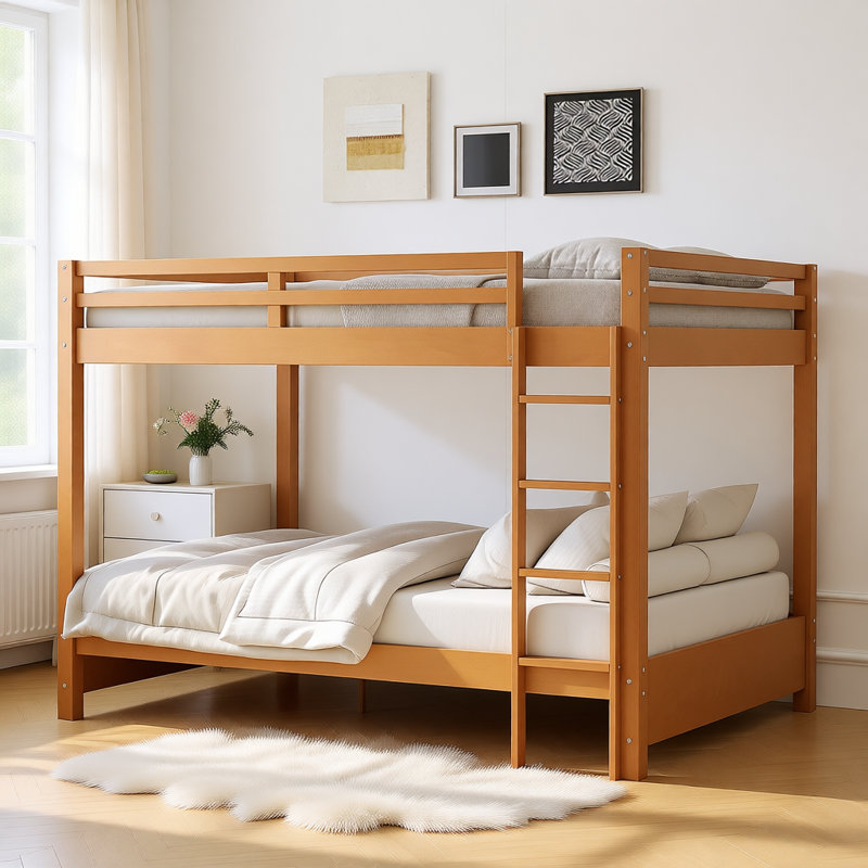 Wood Queen Size Bunk Bed with Ladder, Solid Pine Frame, Guardrails & Space-Saving Design, Brown