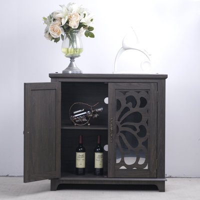 Buffet élégant avec 2 portes en miroir en acrylique et buffet avec rangement, armoire décorative creuse en stratifié brun et support en panneau de fibres à densité moyenne, tablette spacieuse réglable, salon, cuisine