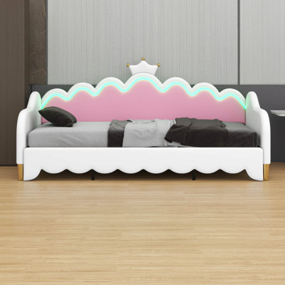 Twin Size Extending Princess Daybed: Modern Upholstered Design + Crown Headboard & LED Lights