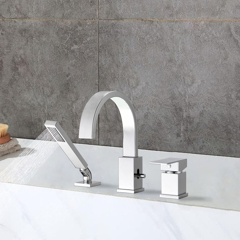 Waterfall Bathtub Faucet With Sprayer, 3-Hole Roman Tub Filler With Hand Shower Deck Mount Waterfall Tub Spout Set, Chrome