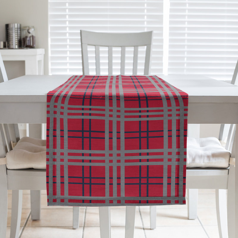 Chemin de table en polyester payant, L 72 po x l 16 po, Rouge / bleu marine / argent