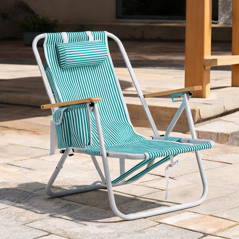 Chaise longue de jardin avec rayures vert menthe et blanches et dossier réglable en quatre positions, chaise de plage pliable en aluminium antirouille