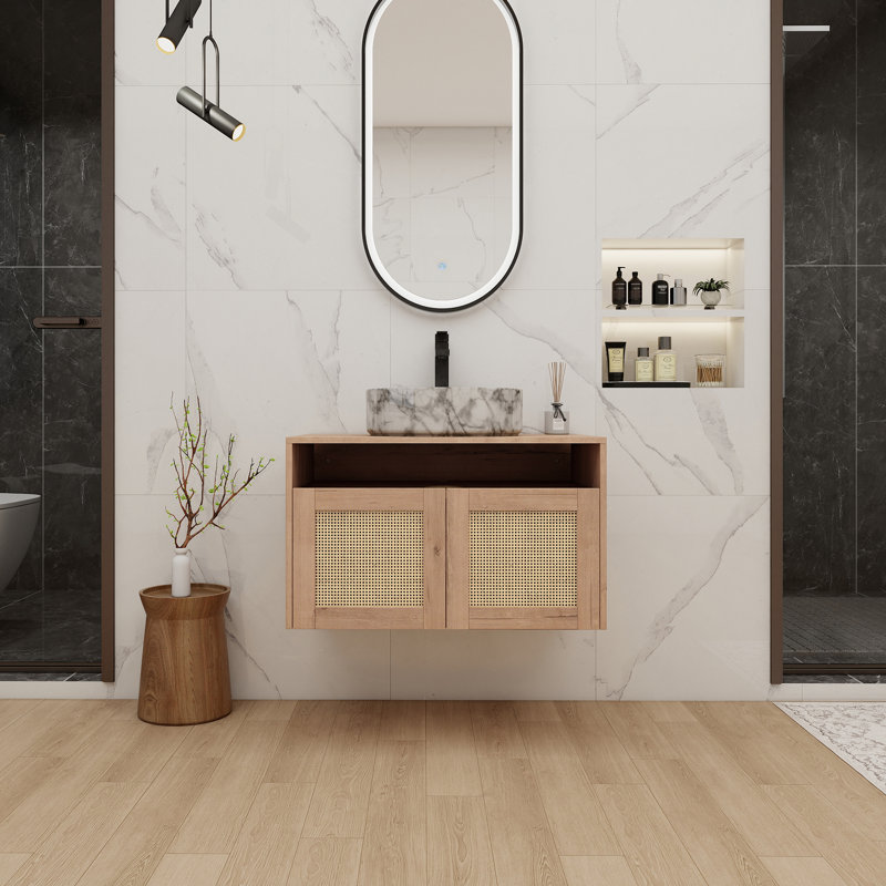 Meuble-lavabo 30 po avec lavabo d'art en céramique blanche, 2 portes à fermeture douce, fixation à flotteur
