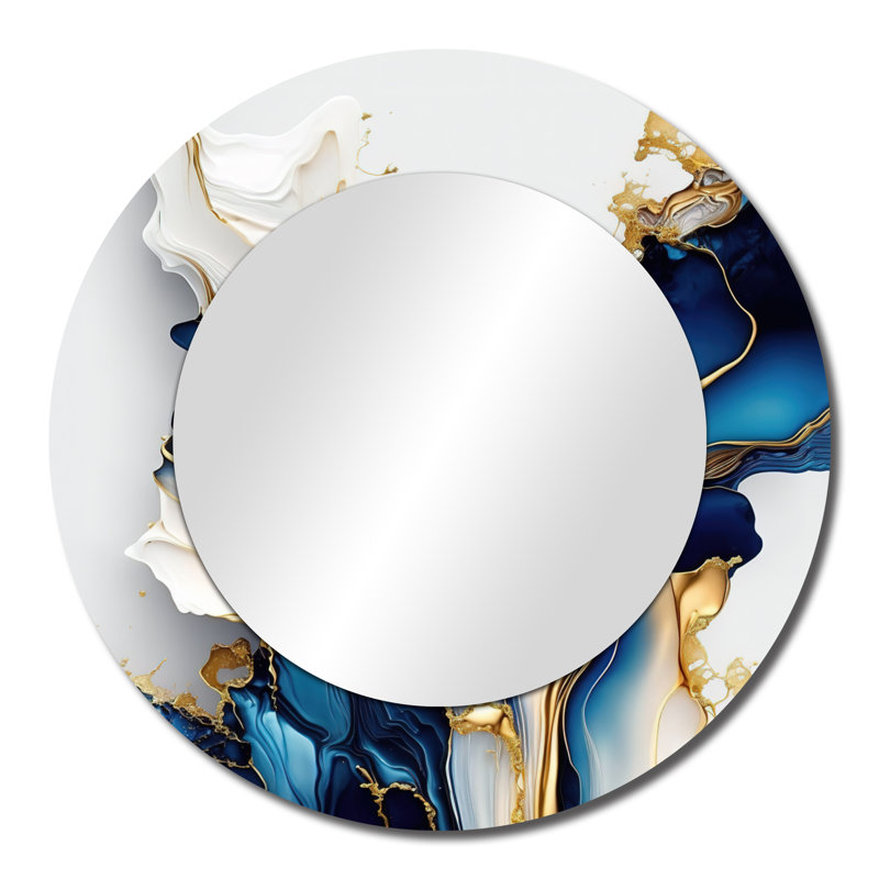 Storz Abstract Geode Gold And Blue Marble Shape III - Marble Mirror, Blue Round Decorative Wall Mirror, Printed Metal Art