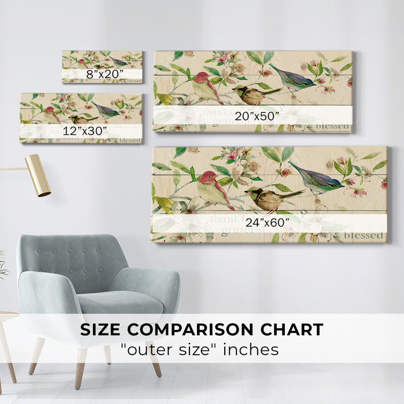 «Grateful Thankful Blessed Birds», reproduction sur toile, H 12 po x l 30 po x P 1,5 po