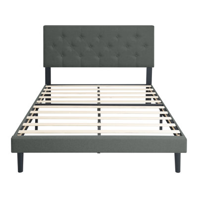 Twin Size Upholstered Platform Bed Frame With Button Tufted Linen Headboard, Wood Slats, No Box Spring Needed, Dark Grey -  Latitude RunÂ®, 6DAAC2B0914A49478F3D87FBA40680E7