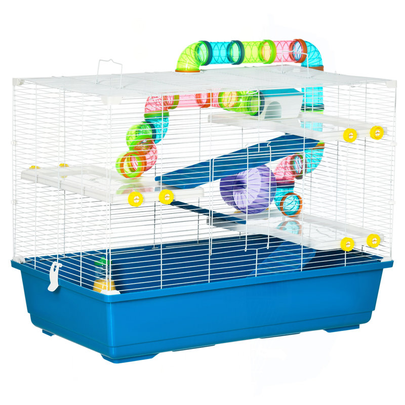 Très grande cage à hamster 31 "avec tubes et tunnels, cage à 4 niveaux pour petits animaux avec poignées de transport portables, cage à gerbes avec bouteille d'eau, plat à nourriture, roue d'exercice
