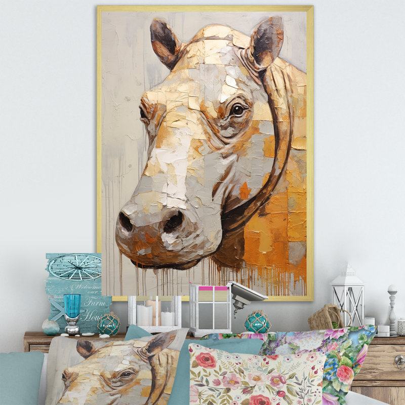 Portrait d'un hippopotame - salon d'art mural hippopotame, Cadre doré simple, H 20 po x l 12 po x P 1 po