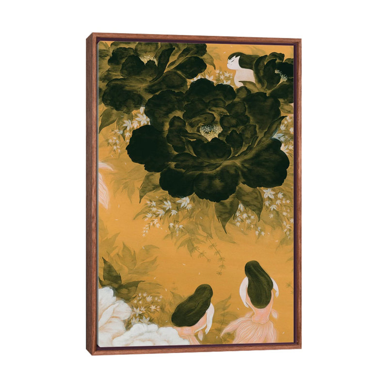 Goldfish Mermaid - Peony And Ballerinas III by Martin Hsu - Painting on Canvas, Classic Brown Wood Framed