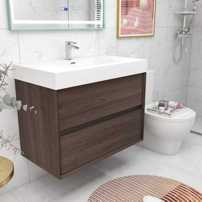 35.4'' Single Bathroom Vanity with Acrylic Top, Red Oak