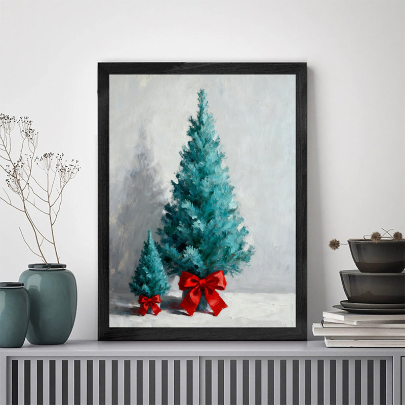 Reproduction encadrée noire rétro d'un arbre de Noël bleu avec un nœud papillon rouge, H 11 po x l 9 po