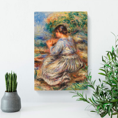 Girl Seated In A Landscape by Pierre-Auguste Renoir - Wrapped Canvas