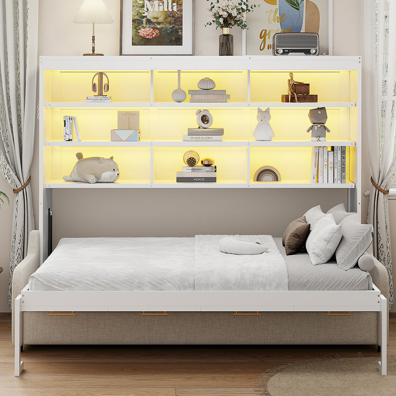 Murphy Cabinet Bed With Folding Sofa,Built-In Storage Shelves And LED Light