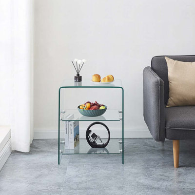 Table d'appoint 2 couches en verre trempé, table de canapé en verre transparent
