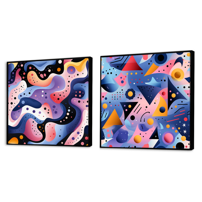 Multicolor Funky Cool Geometric Lines Pattern - Abstract Shapes Square Collage Set Of 2, Black Floater Framed, 16" H x 33" W