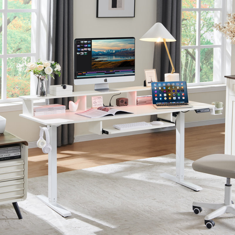60" Height-Adjustable Standing Desk with Power Outlets & LED Lights, White/White