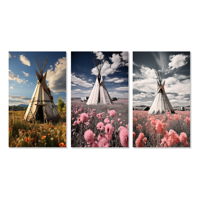 «Coral Beige Native Tipi Serenitys Refuge», 3 pièces sur toile, Toile tendue, H 28 po x l 36 po