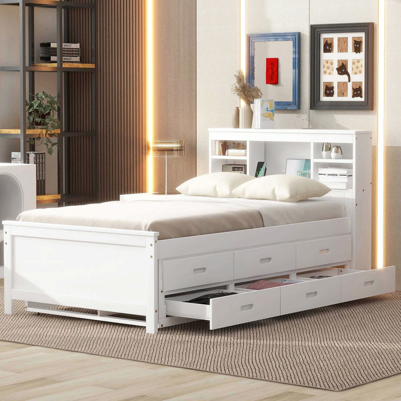 Lit plateforme simple avec tête de lit, USB, lit gigogne simple et 3 tiroirs, Blanc