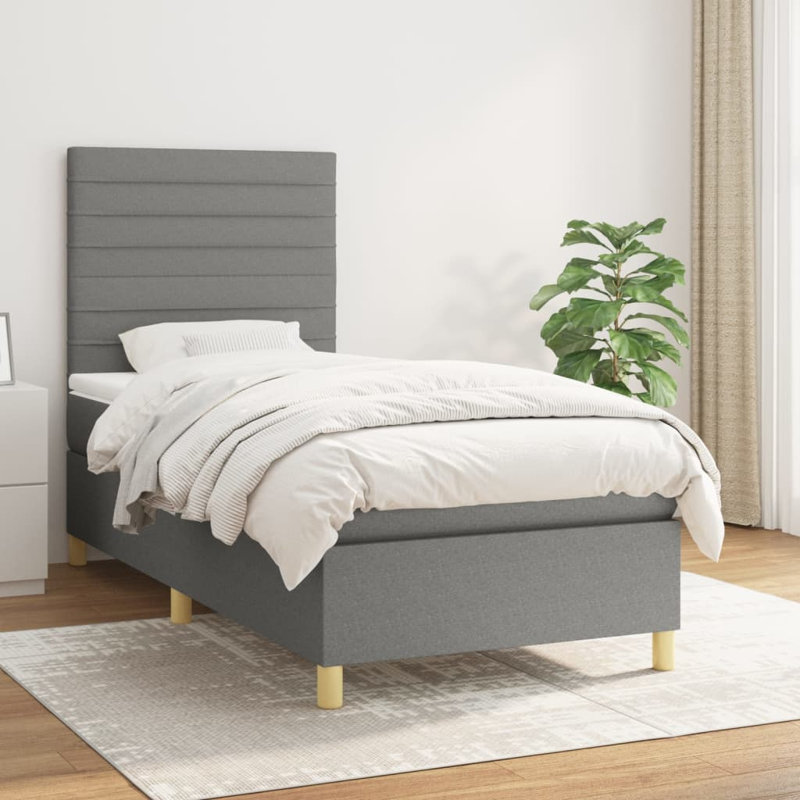 Lit sommier avec matelas Hinrika, Tissu, Simple TG, Gris clair / chêne