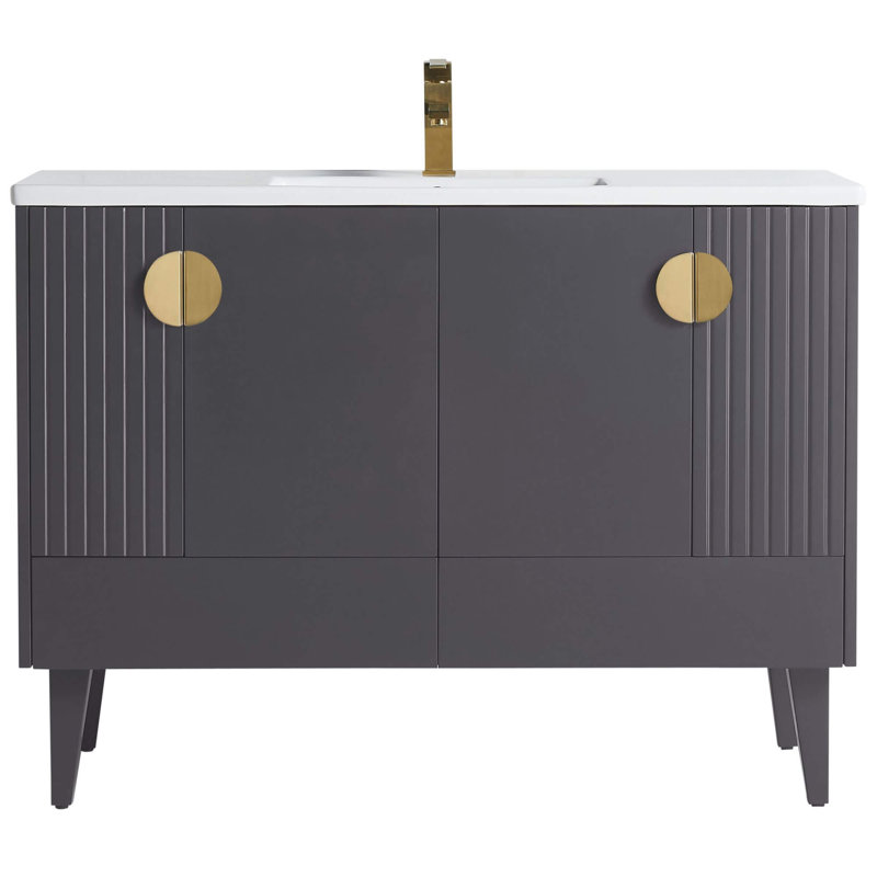 Ensemble de meuble-lavabo simple 48 po Saimah, Gris roche, Laiton satiné
