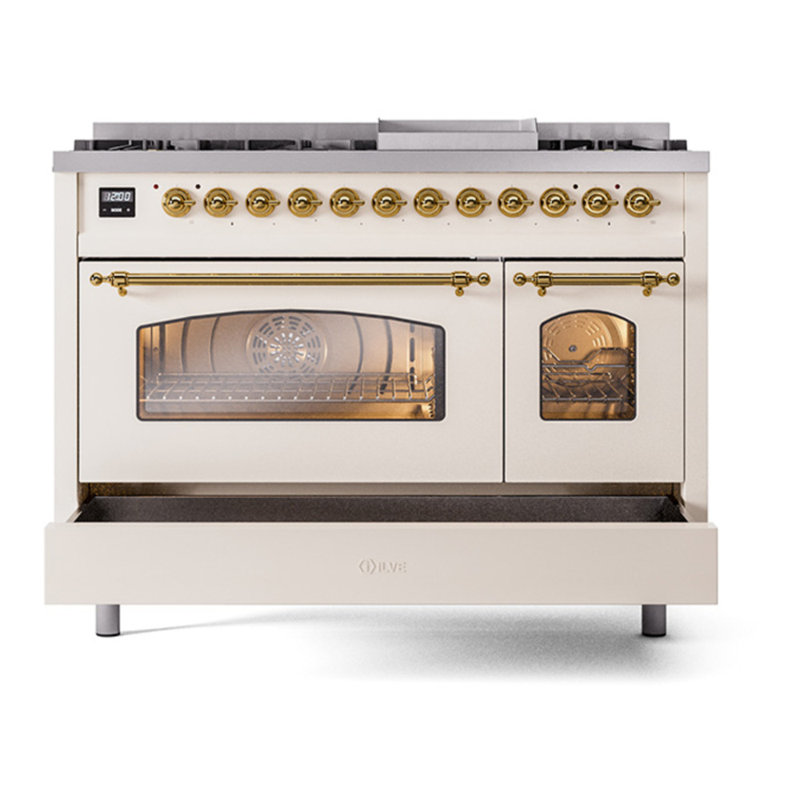 ILVE Nostalgie II 48 Dual Fuel Range , Liquid Propane, Antique White/Brass