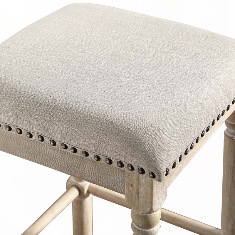 Ensemble de tabourets de bar en polyester rembourrés de bois avec garniture cloutée, Beige, Chêne clair