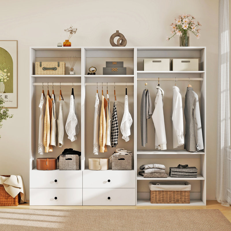 Système d'organisation modulaire blanc avec 3 tringles, 5 tablettes et 4 tiroirs