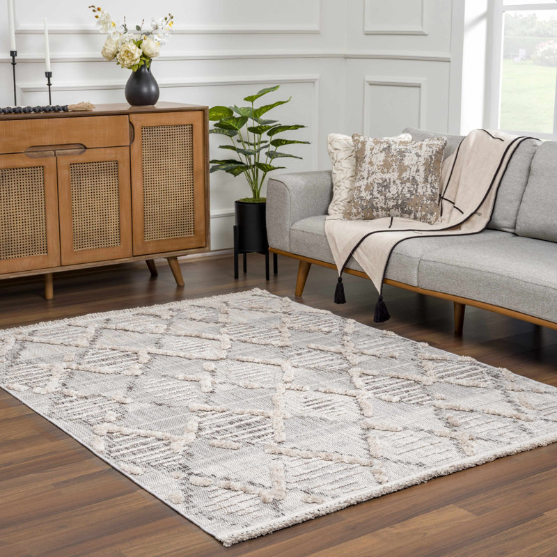 Tapis gris géométrique en polyester tissé à la machine, Rectangle 7 pi 10 po x 10 pi