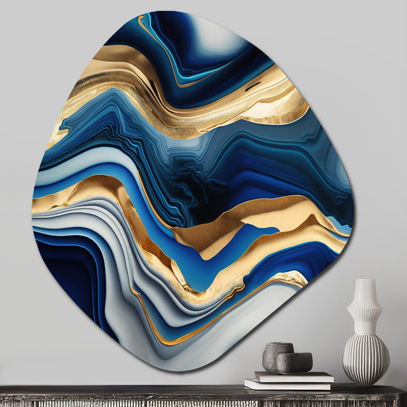 Vibrant bleu et agate dorée II - reproduction d'art asymétrique transitionnelle, art mural en métal de forme irrégulière bleue