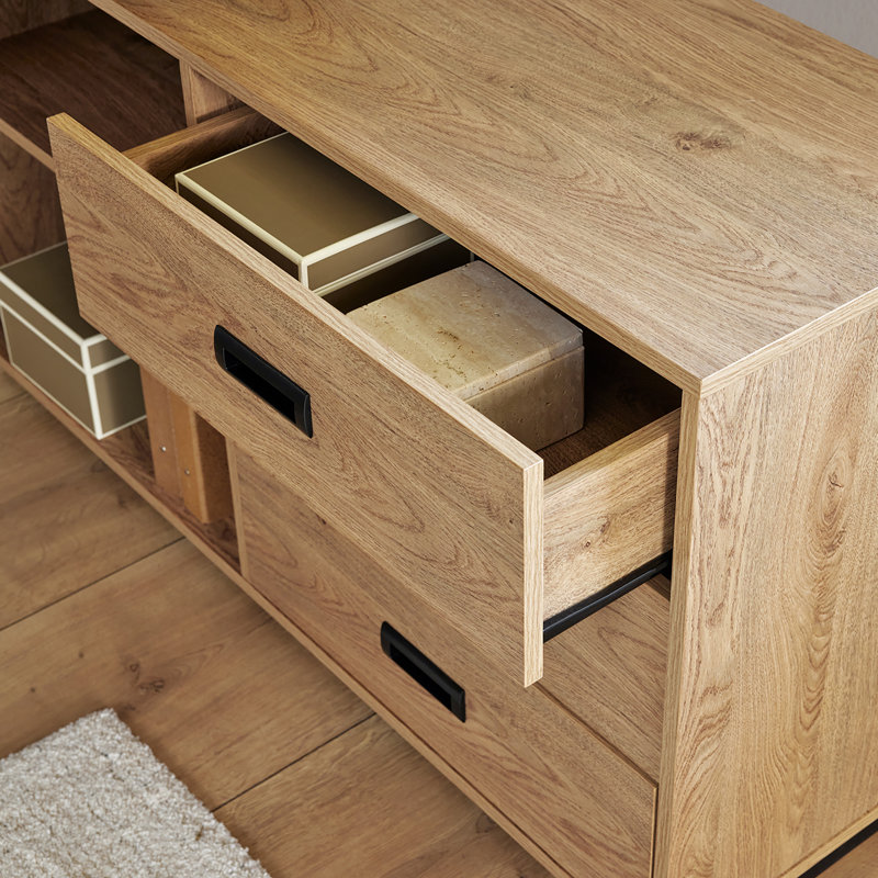 Narvaez 59,05" L-Shaped Desk with Storage Cabinet, Montana Oak/Black