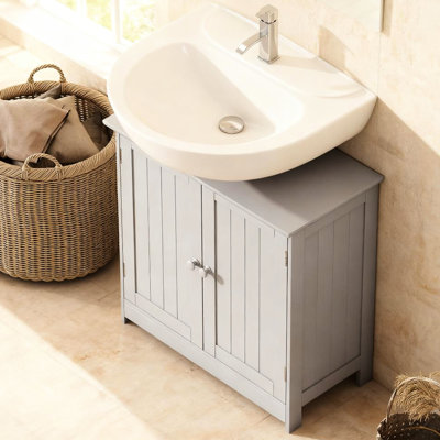 Sous le lavabo, meuble-lavabo à 2 portes, peu encombrant, solide, gris, compatible avec divers éviers de rangement, en forme de U et convenant au piédestal et au mur