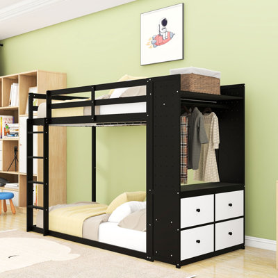 Lit superposé simple sur simple avec garde-robe intégrée et tiroirs de rangement