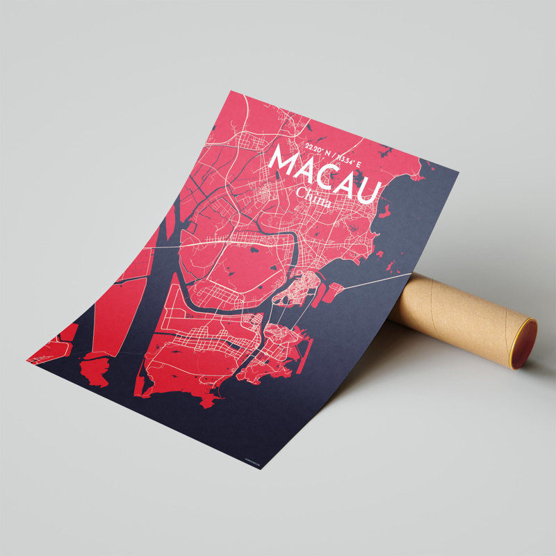 Macau, carte de la ville, impression, Rouge / bleu marine, H 20 po x l 16 po