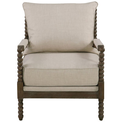 Chaise rembourrée beige avec lignes épurées - H 38 po x l 34 po x P 29,5 po Assise en bois brun Hauteur Largeur Profondeur