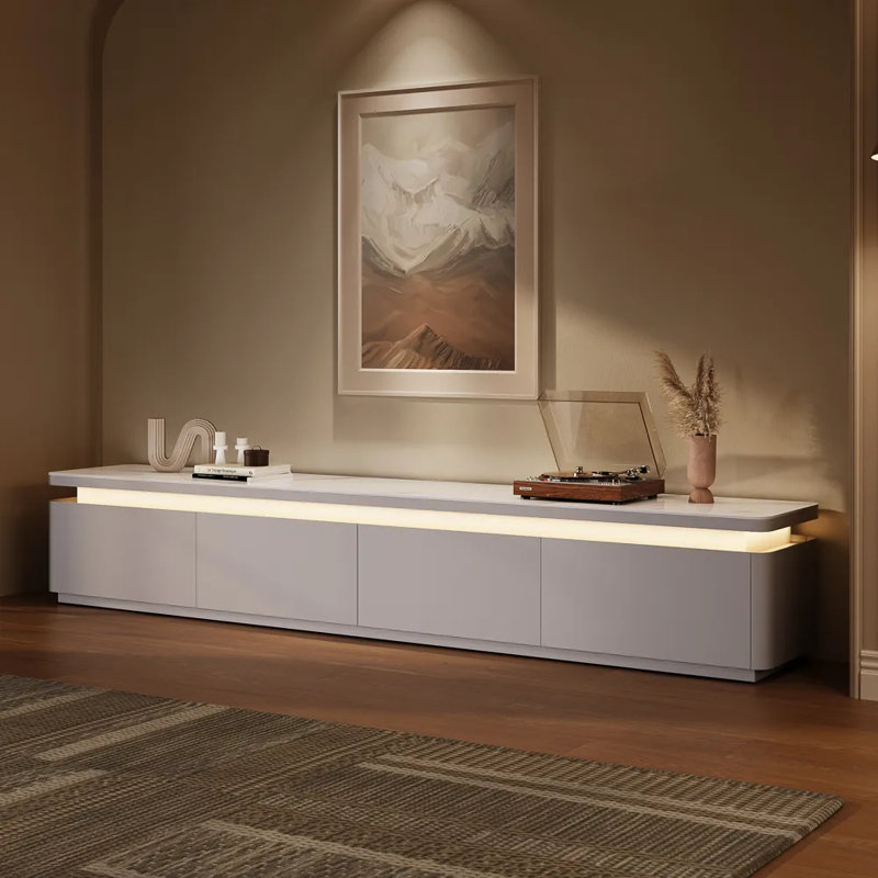 Modern TV Stand With Adjustable LED Lights, Sintered Stone Top, Fully Assembled, 15.75"H x 94"L x 15.95"W, White