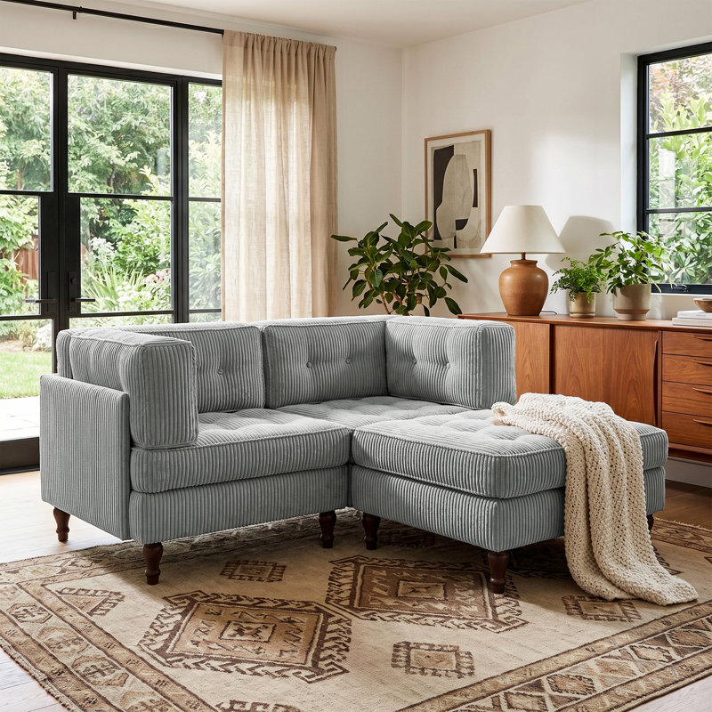 3 - Piece Upholstered Light Gray Tufted Corduroy Modular Sectional with Pillow and Removable Flip-Tray Top Storage Ottoman