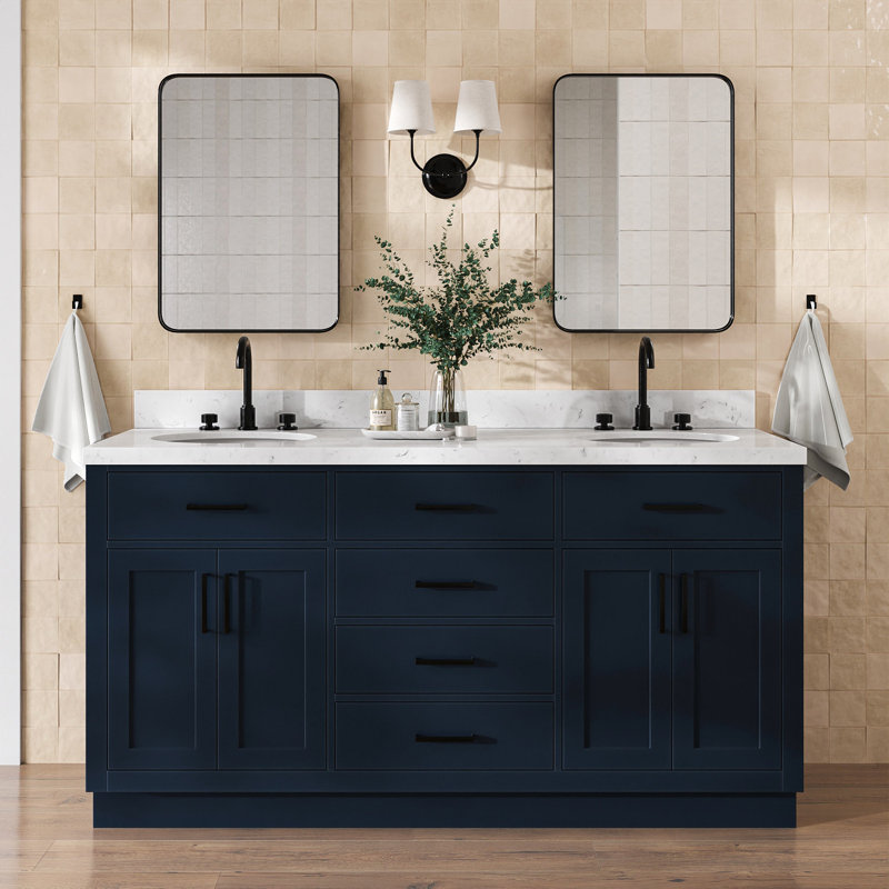 Thornaby 66'' Solid Wood Double Bathroom Vanity with 1.5'' Carrara Quartz Top, Oval, Midnight Blue / Matte Black