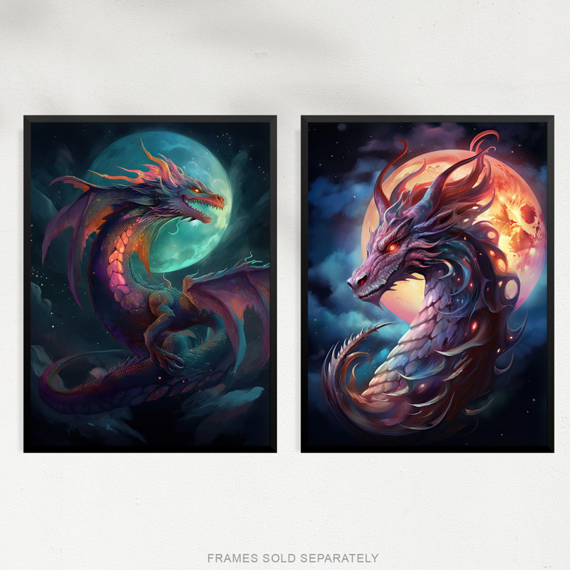 Dragon Moon Fantasy Mystical Serpent - 2 Piece No Frame Print Set