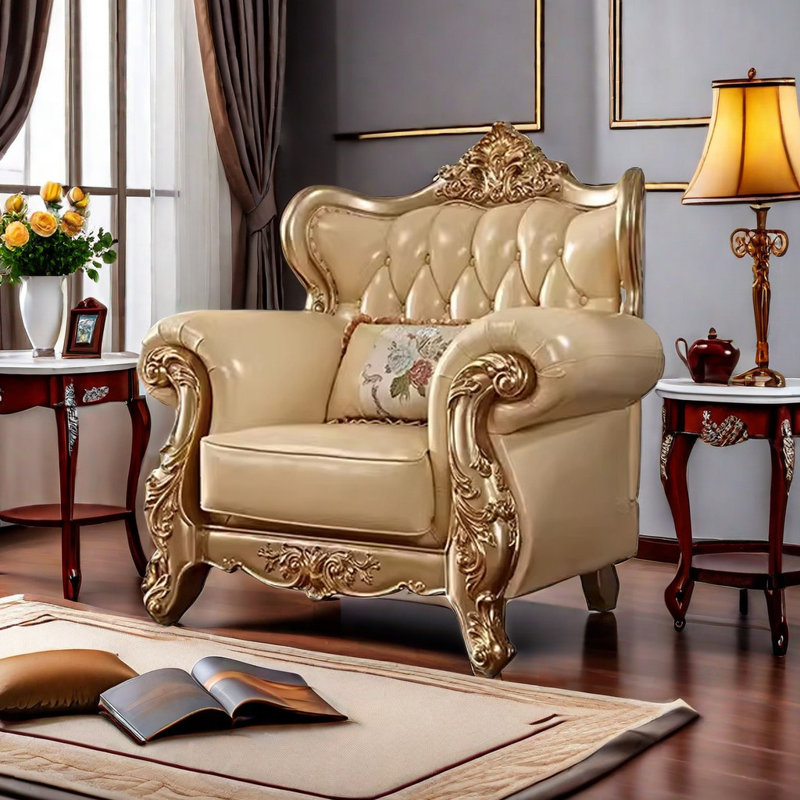 Fauteuil en cuir véritable capitonné de style européen en bois massif doré de 48 po de largeur