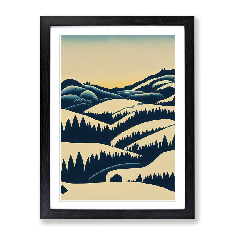 Winter Landscape Illustration - Single Picture Frame Print, 46cm H x 34cm W x 2cm D, Oak
