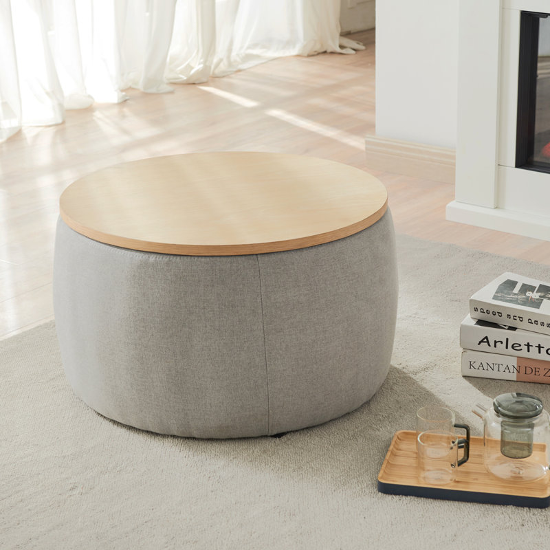 Élégant repose-pieds rond avec rangement, repose-pieds 2 en 1 avec table de bout et repose-pieds pour le salon, sans assemblage, gris clair