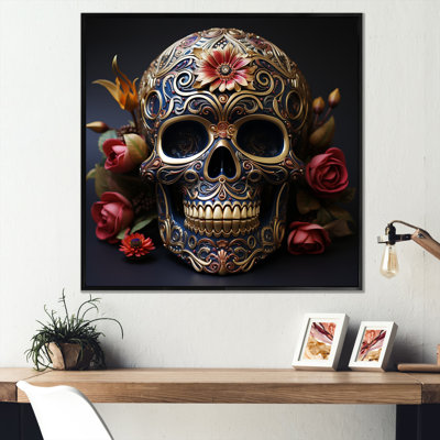 Gold floral mexican skull II - Skull Wall Art For Living Room