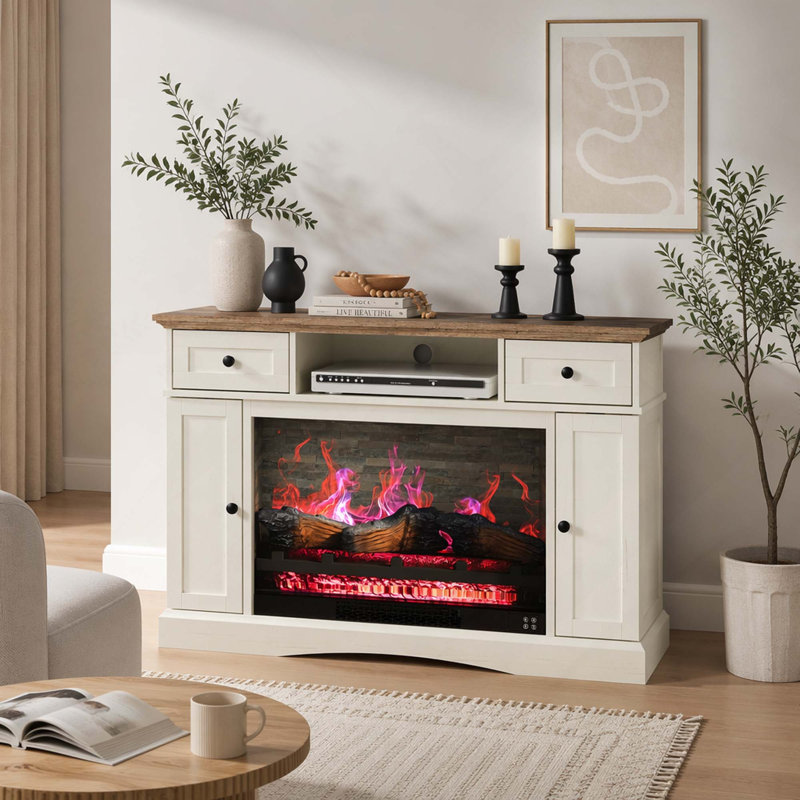 Meuble télé avec foyer électrique intégré, rangement, étagères réglables et design multifonctionnel