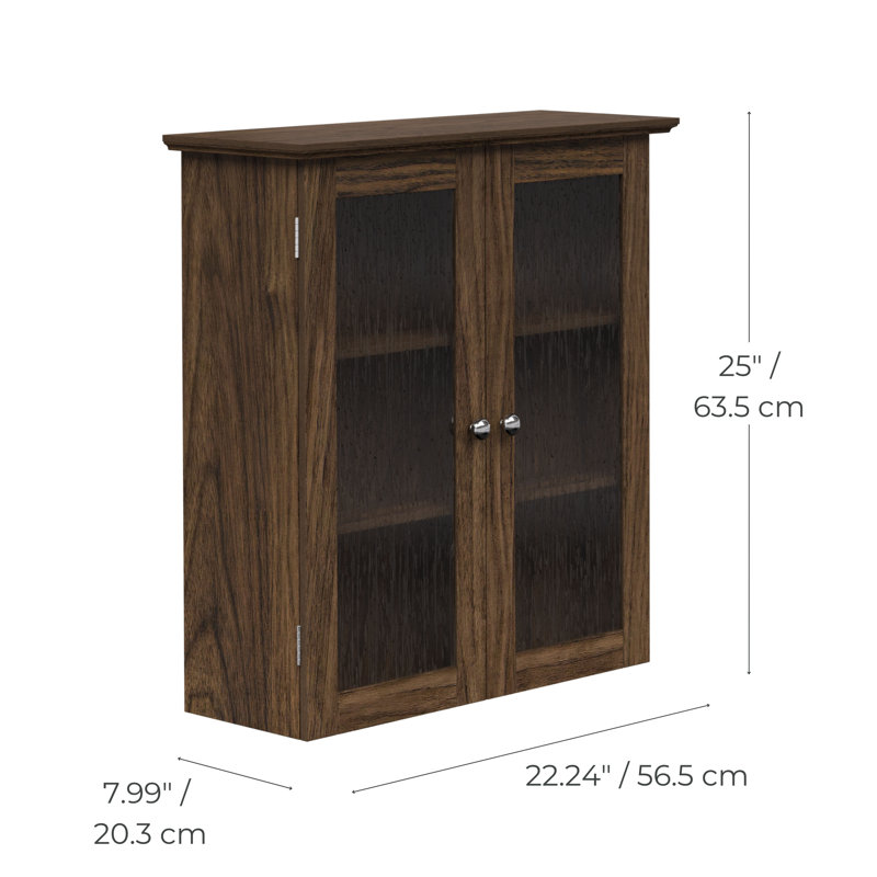Jaeden Removable Two-Door Wall Cabinet with Water-Textured Glass and Adjustable Shelves, Walnut
